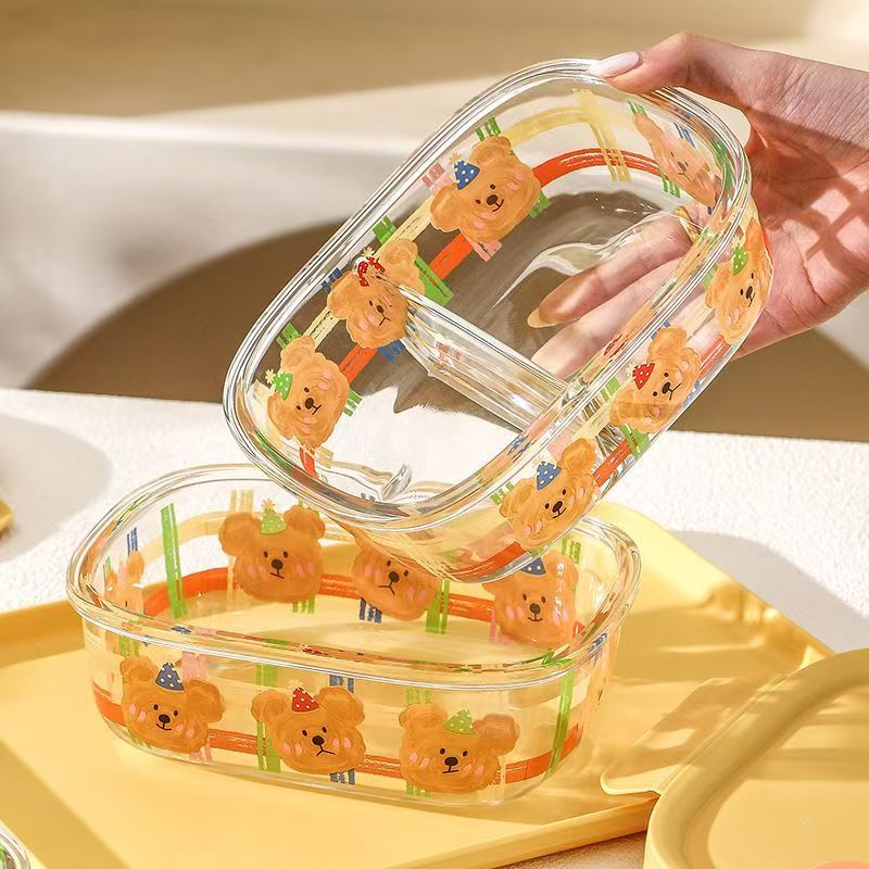 Cute bear microwave-safe glass food container with lid