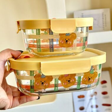 Cute bear microwave-safe glass food container with lid