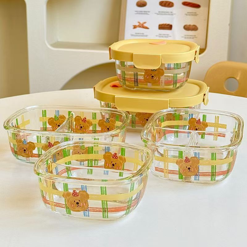Cute bear microwave-safe glass food container with lid