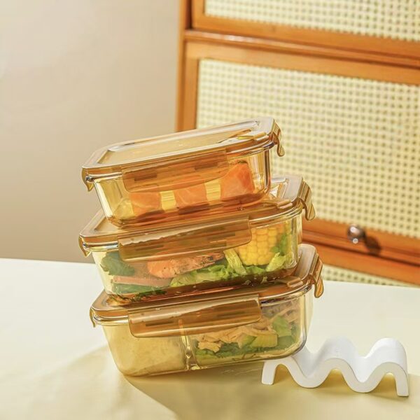 Amber heat-resistant glass food container for kitchen storage