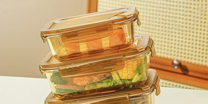 Amber heat-resistant glass food container for kitchen storage