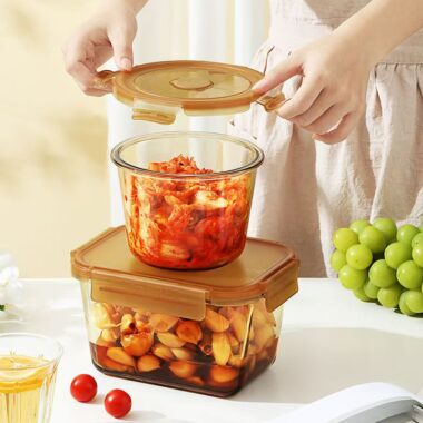 Amber heat-resistant glass food container for kitchen storage