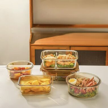 Amber heat-resistant glass food container for kitchen storage