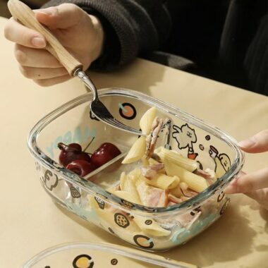 Cute cartoon printed glass food container for microwave heating