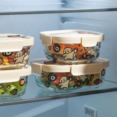 Cute cartoon printed glass food container for microwave heating