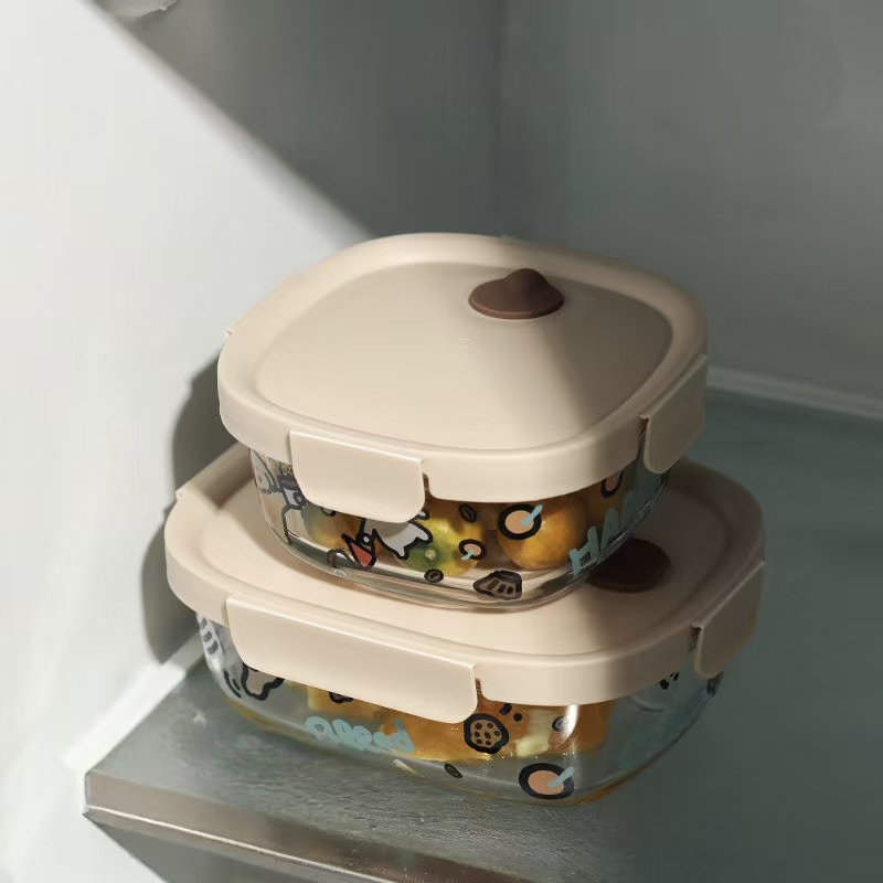 Cute cartoon printed glass food container for microwave heating