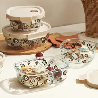Cute cartoon printed glass food container for microwave heating
