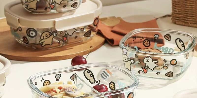 Cute cartoon printed glass food container for microwave heating