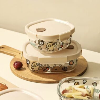 Cute cartoon printed glass food container for microwave heating