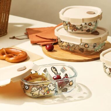 Cute cartoon printed glass food container for microwave heating