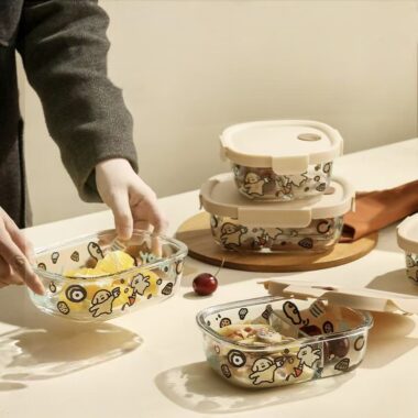 Cute cartoon printed glass food container for microwave heating