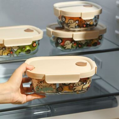 Cute cartoon printed glass food container for microwave heating