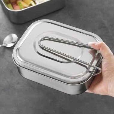 Rectangular stainless steel lunch container with compartments and lid