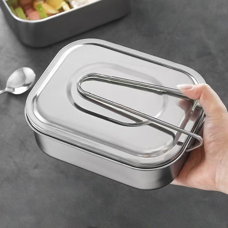 Rectangular stainless steel lunch container with compartments and lid