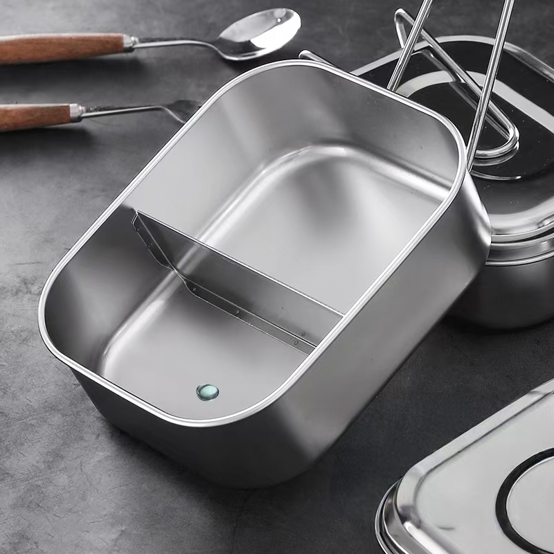 Rectangular stainless steel lunch container with compartments and lid