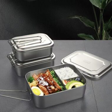 Rectangular stainless steel lunch container with compartments and lid