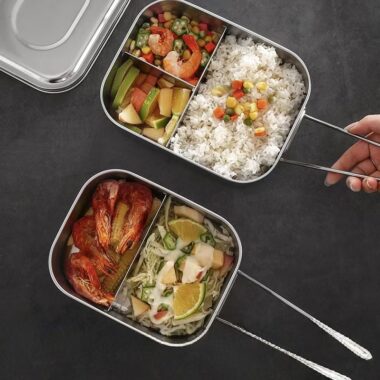 Rectangular stainless steel lunch container with compartments and lid