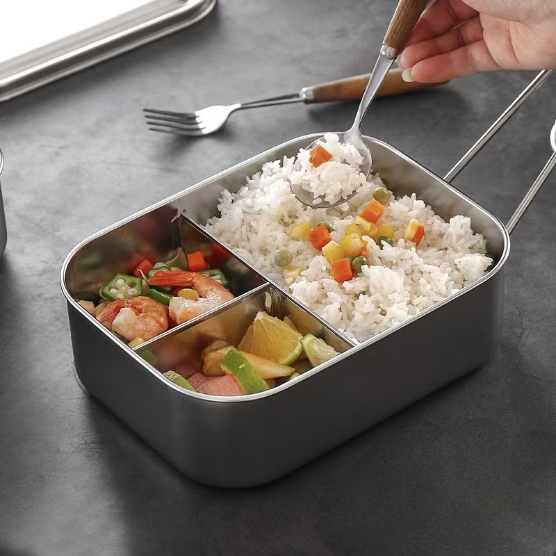 Rectangular stainless steel lunch container with compartments and lid