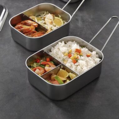 Rectangular stainless steel lunch container with compartments and lid