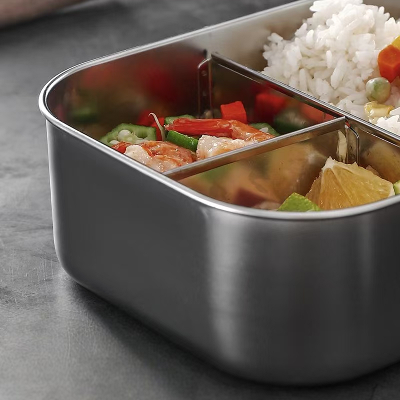 Rectangular stainless steel lunch container with compartments and lid