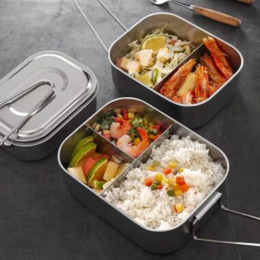 Rectangular stainless steel lunch container with compartments and lid
