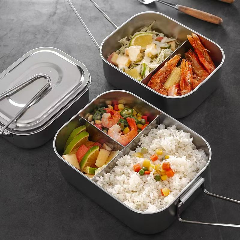 Rectangular stainless steel lunch container with compartments and lid
