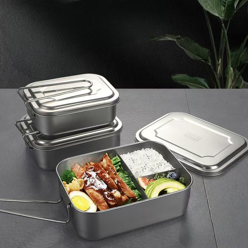 Rectangular stainless steel lunch container with compartments and lid