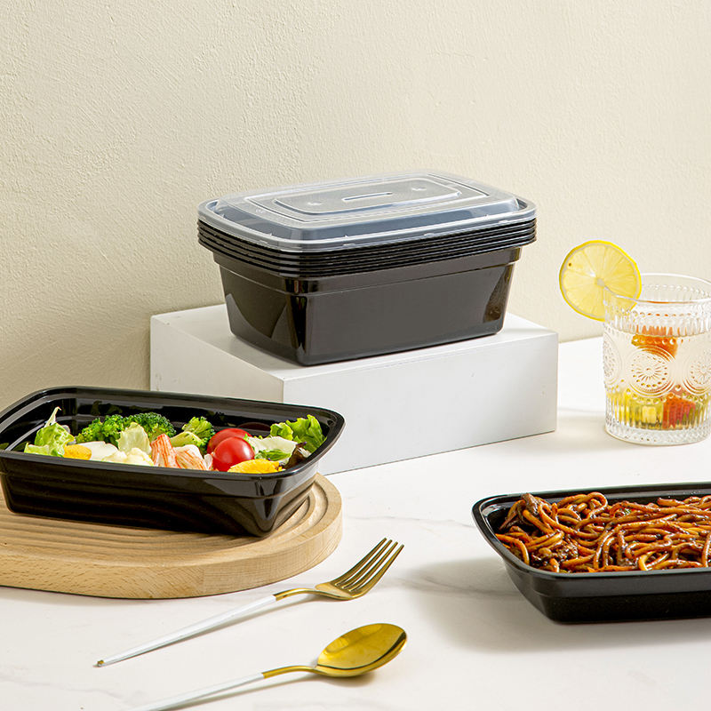 Rectangular food-grade plastic microwavable food container with lid