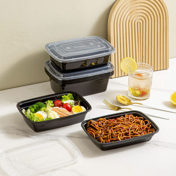 Rectangular food-grade plastic microwavable food container with lid