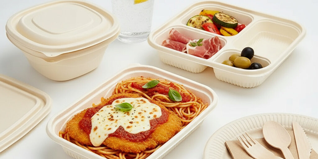 Eco takeaway compostable food container for sustainable packaging