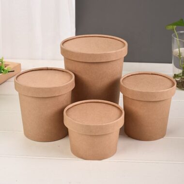 Kraft paper food container with lid for salad, soup, noodles, and snacks