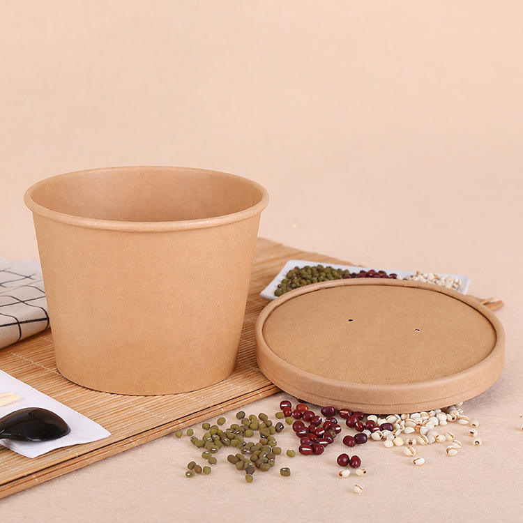 Kraft paper food container with lid for salad, soup, noodles, and snacks