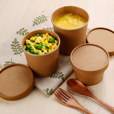 Kraft paper food container with lid for salad, soup, noodles, and snacks