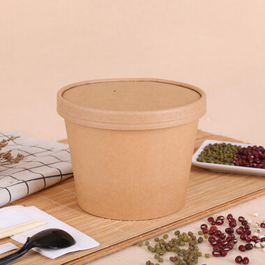 Kraft paper food container with lid for salad, soup, noodles, and snacks