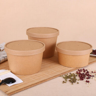 Kraft paper food container with lid for salad, soup, noodles, and snacks