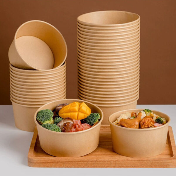 Kraft paper food container with lid for salad, soup, noodles, and snacks