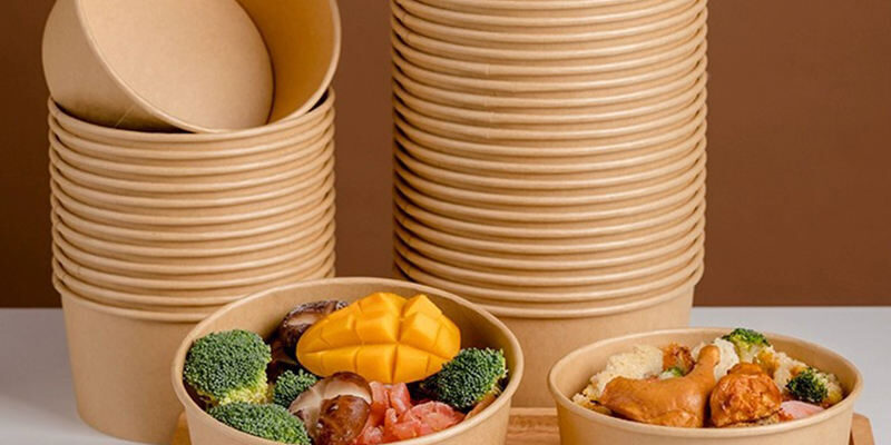 Kraft paper food container with lid for salad, soup, noodles, and snacks