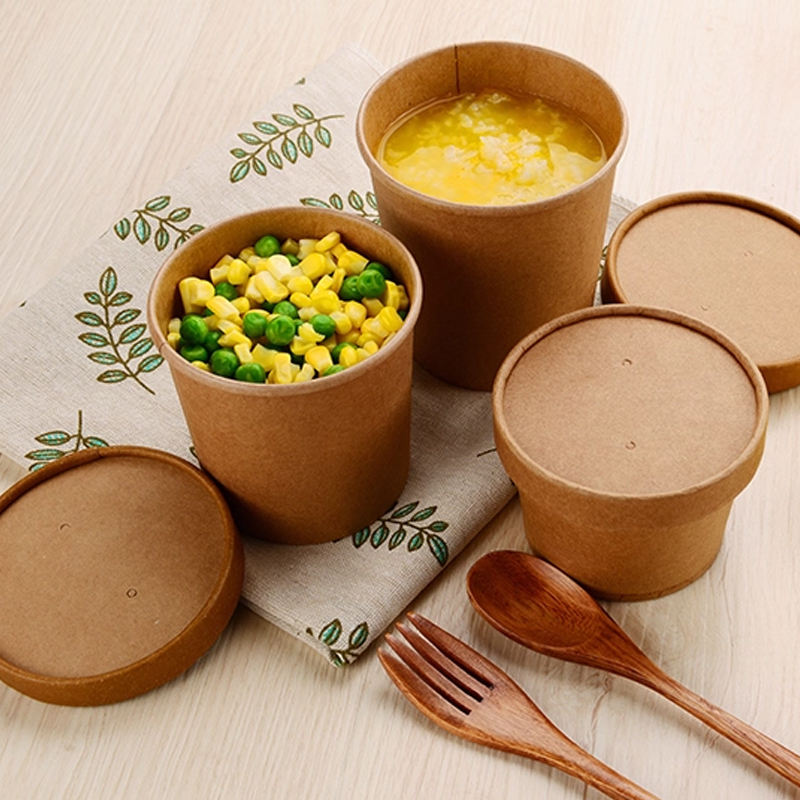 Kraft paper food container with lid for salad, soup, noodles, and snacks