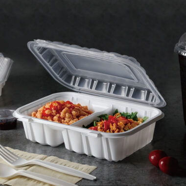 Flip-top microwavable food container for restaurant and party use