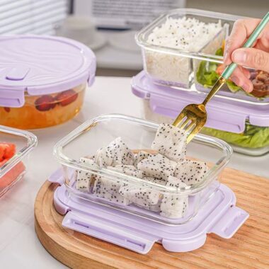 Microwave-safe glass food container with lid for office use