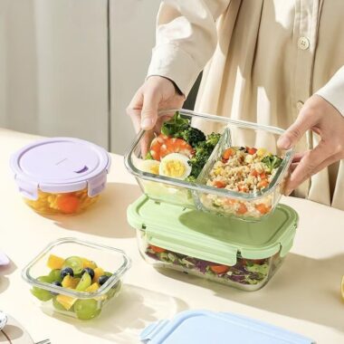 Microwave-safe glass food container with lid for office use