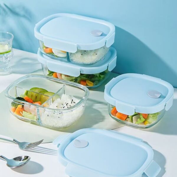 Heat-resistant divided glass food container with airtight lid