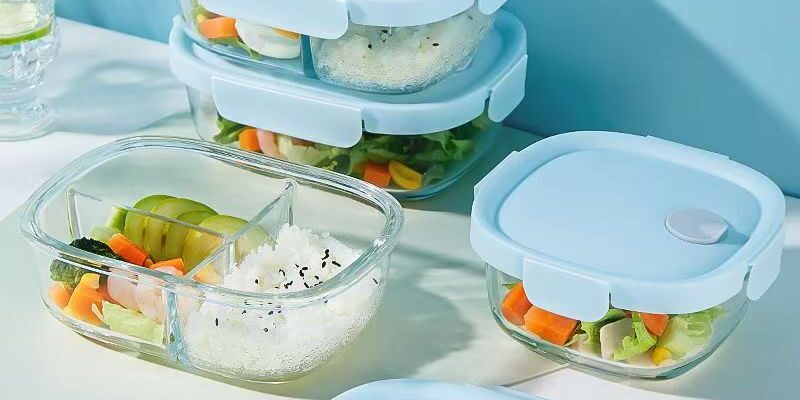 Heat-resistant divided glass food container with airtight lid