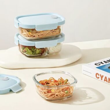 Heat-resistant divided glass food container with airtight lid