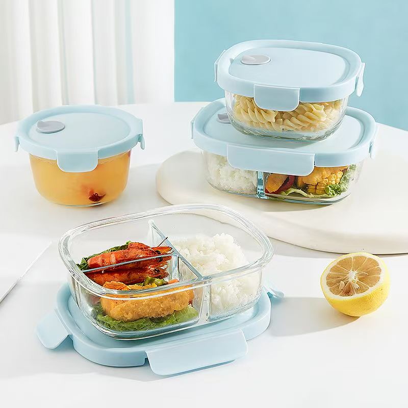 Heat-resistant divided glass food container with airtight lid