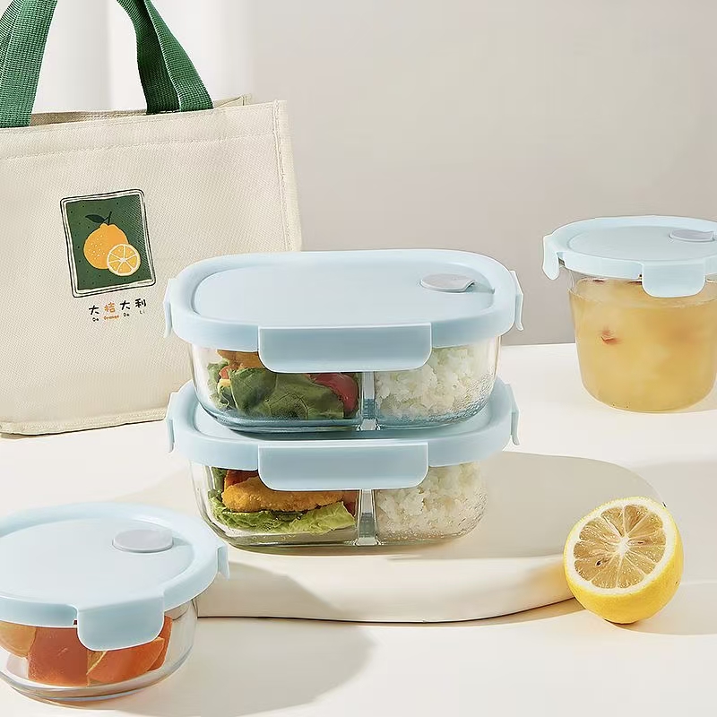 Heat-resistant divided glass food container with airtight lid