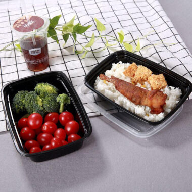 Microwavable disposable plastic food container for takeaway packaging