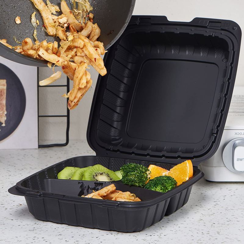 Black plastic food container with lid for restaurant takeaway