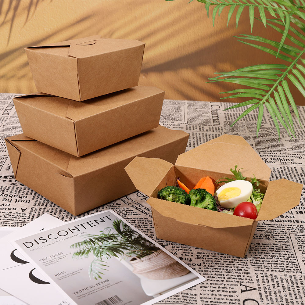 Portable eco-friendly kraft paper food container for takeaway packaging