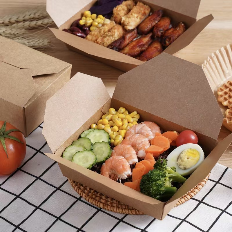 Portable eco-friendly kraft paper food container for takeaway packaging